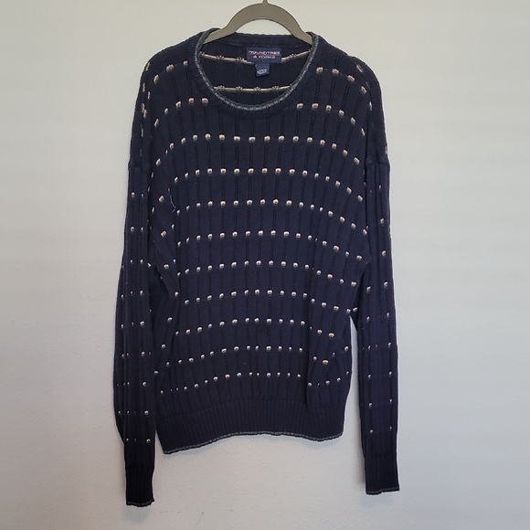 Y2K Vintage Men Chunky Knit Sweater Size L Grandpa Navy Cotton Cosby Academia - Picture 2 of 12